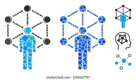 Human network mosaic of circle elements in various sizes and color tints, based on human network icon. Vector circle elements are combined into blue mosaic.