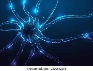 Human neuron cell with electrical impulses in futuristic glowing low polygonal style on dark blue
