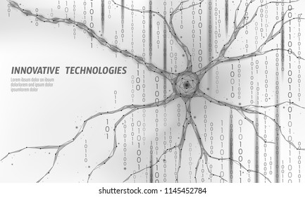 Human neuron low poly anatomy concept. Artificial neural network technology science medicine cloud computing. AI 3D abstract biology system. Polygonal blue glowing vector illustration
