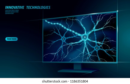 Human Neuron Low Poly Anatomy Concept. Artificial Neural Network Technology Smart House Display Cloud Computing. AI 3D Abstract Biology System. Polygonal Blue Glowing Vector Illustration