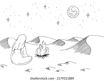 Human Night Desert Bonfire Graphic Black White Landscape Sketch Illustration Vector