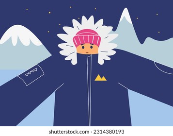 Humano en el Polo Norte, esquimal tomando un selfie. Cálida ropa de invierno en Alaska. Expedición a la Antártida, nieve ártica y frío en viaje. Ilustración del vector estilo dibujado a mano plana