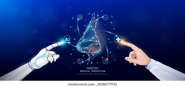 Nariz humana en el átomo. Doctor y robot dedo de tocar icono AI símbolo de la cruz. El cuidado de la salud a la inteligencia artificial cyborg o la innovación tecnológica ciencia médica futurista. Banner vector EPS10.