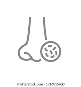 Human nose with bacteria line icon. Disease of paranasal sinuse, bacterial infection, nasal vestibulitis symbol