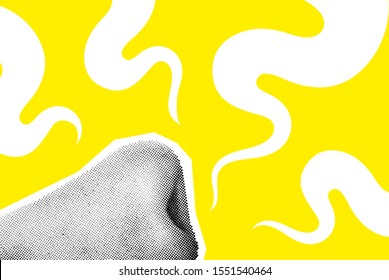 Human Nose Breathes In Odors. Vector Collage Illustration With Halftone Object