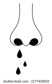 Menschliche Nase. Vorderseite. Der Patient hat eine laufende Nase. Tropfende Tropfen Silhouette. Vektorgrafik. Umriss auf isoliertem Hintergrund. Der Mann hat Rhinitis, er erkältete sich. 