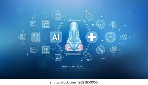 Human nose gland translucent with medical network icons on blue background. Artificial intelligence (AI) in health care technology. Innovation in digital health smart medical diagnostics. Vector. 