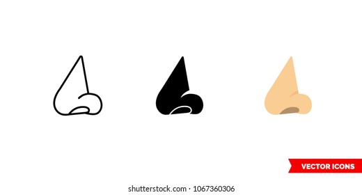 Human nose icon of 3 types: color, black and white, outline. Isolated vector sign symbol.
