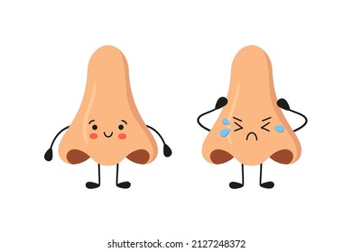 Human nose kawaii happy and sad characters. Sense organ. Nose diseases. Healthy organ of smell. Vector illustration isolated on white background in hand drawn style.