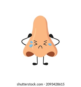 Human nose kawaii sad crying characters. Sense organ. Nose diseases. Sick organ of smell. Vector illustration isolated on white background in hand drawn style.