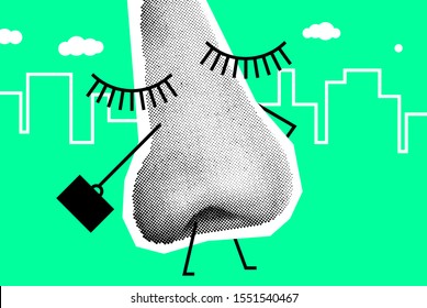 Human Nose Like Worker Is Going To Work. Vector Collage Illustration Against The Background Of The City