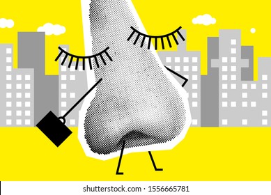 Human Nose Like Worker Is Going To Work. Vector Collage Illustration Against The Background Of The City