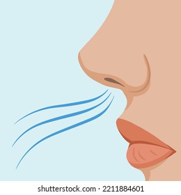 Human nose and mouth from side with breathing fresh air vector illustration. Female face cartoon flat art style drawing sniffing, human sense of smell inhale or exhale with line decoration.
