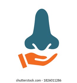 Human nose on hand colored icon. Care, rescue, treatment, disease prevention symbol