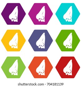 Human nose with piercing icon set many color hexahedron isolated on white vector illustration