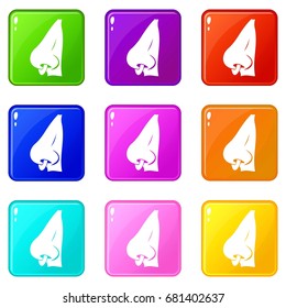 Human nose with piercing icons of 9 color set isolated vector illustration