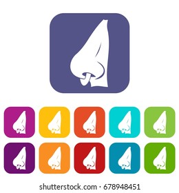 Human nose with piercing icons set vector illustration in flat style In colors red, blue, green and other