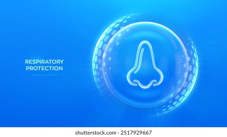 Human nose and respiratory system care. Protection from viruses, dust and allergens. Healthcare. Nose icon inside protection sphere shield with hexagon pattern on blue background. Vector illustration.