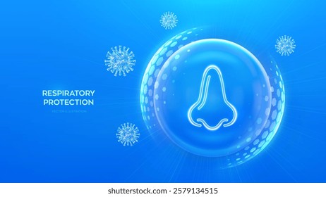 Human nose and respiratory system care. Protection from viruses, dust and allergens. Healthcare. Virus cell. Nose icon inside protection sphere shield with hexagon pattern. Vector illustration.