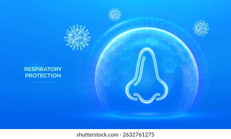 Human nose and respiratory system care. Protection from viruses, dust and allergens. Healthcare. Virus cell. Nose icon inside protection sphere shield with hexagon pattern. Vector illustration.