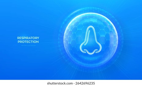 Human nose and respiratory system care. Protection from viruses, dust and allergens. Healthcare. Nose icon inside protection sphere shield with hexagon pattern on blue background. Vector illustration.