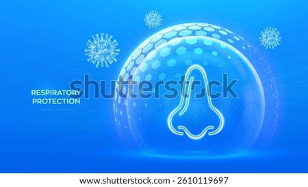 Human nose and respiratory system care. Protection from viruses, dust and allergens. Healthcare. Virus cell. Nose icon inside protection sphere shield with hexagon pattern. Vector illustration.