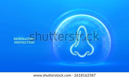Human nose and respiratory system care. Protection from viruses, dust and allergens. Healthcare. Nose icon inside protection sphere shield with hexagon pattern on blue background. Vector illustration.