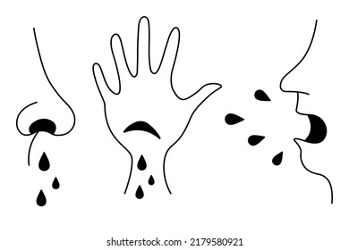 Vista lateral de la nariz humana, goteo nasal, corte en la palma, herida con gotas de sangre, tos y estornudos. Siluetas de salpicaduras y gotas. Conjunto de ilustraciones vectoriales. 