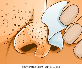 The human nose with skin problems. Blackheads. The procedure of the deep cleaning. Healthcare illustration. Vector illustration.