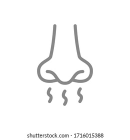 Human nose with smell sense line icon. Breath, inhalation and exhalation symbol