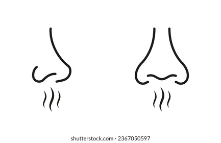 Human Nose Smells Linear Symbol Collection. Nasal Odor Sniff Pictogram. Nose Loss Sense, Smell, Scent Line Black Icon Set. Bad Aroma, Breath Air Outline Signs. Isolated Vector Illustration.