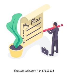 Human in a notebook writes a plan. Personal planning. Motivation, goals in life. Vector illustration isometric design. Isolated on background. Cartoon notebook with a list. Accounts report.