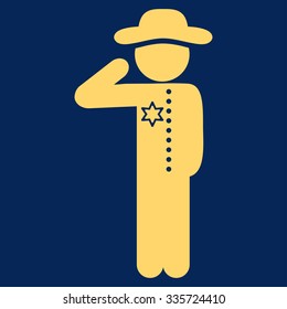 Human Officer vector icon. Style is flat symbol, yellow color, rounded angles, blue background.