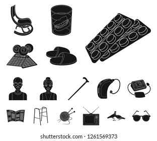 Human old age black icons in set collection for design. Pensioner, period of life vector symbol stock web illustration.