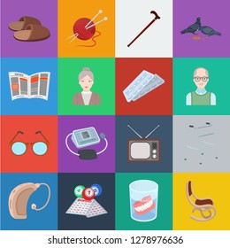 Human old age cartoon icons in set collection for design. Pensioner, period of life vector symbol stock web illustration.