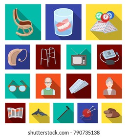 Human old age flat icons in set collection for design. Pensioner, period of life vector symbol stock web illustration.