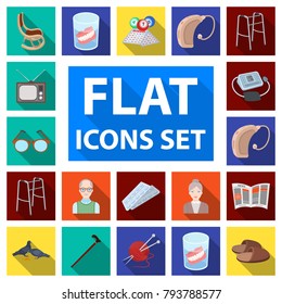 Human old age flat icons in set collection for design. Pensioner, period of life vector symbol stock web illustration.