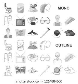 Human old age monochrom icons in set collection for design. Pensioner, period of life vector symbol stock web illustration.
