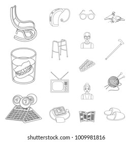 Human old age outline icons in set collection for design. Pensioner, period of life vector symbol stock web illustration.