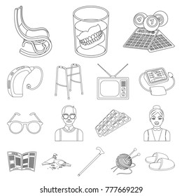 Human old age outline icons in set collection for design. Pensioner, period of life vector symbol stock web illustration.