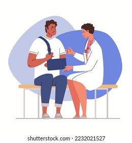 Human on consultation with orthopedic. Traumatologist bandages hand of man. Doctor treats patient in medical office.  Flat vector illustration of web template.