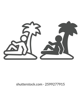 Human on island, sand and palm tree line and solid icon, tropical voyage concept. Vector graphics. Island with sitting alone man sign on white background, outline style icon for mobile or web design