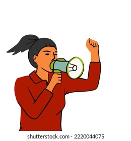 Human on political meeting. Angry woman protest hold megaphone. Protesting aggressive person scream at demonstration, parade or rally. Vector flat illustration