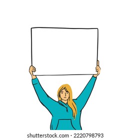 Human on political meeting. Angry woman protest hold blank poster. Protesting aggressive person at demonstration, parade or rally. Vector flat illustration