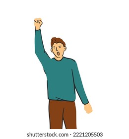 Human on political meeting. Angry men protest rise wrist. Protesting aggressive person at demonstration, parade or rally. Vector flat illustration