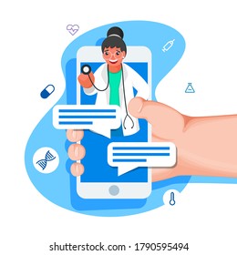 Human Online Chatting in Smartphone from Doctor Girl with Medical Elements on Blue and White Background.