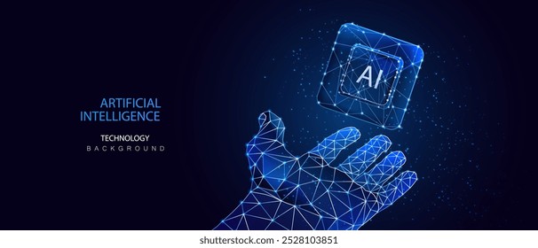 Human open hand catcging CPU. Artificial intelligence internet connection hand technology design. Ai finger robot touch processor chip. Futuristic innovation vector concept.