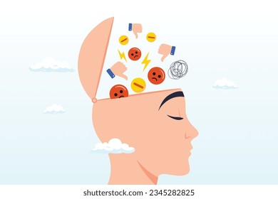 Human open head with negative symbol, thumb down, anger and chaos, negative thinking bad attitude cause of failure or fear, depression and sadness, emotional or mental problem, stress anxiety (Vector)