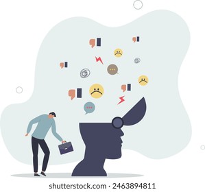 human open head with negative symbol, thumb down, anger and chaos.flat vector illustration.