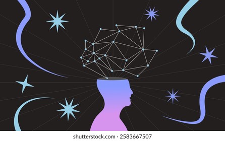 a human with an open head, symbolizing intelligence, creativity, and deep thinking, geometric neural network structure emerges from the head, ideas, innovation, and artificial intelligence concept